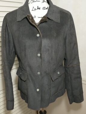 Cabi Faux MicroSuede Shearling Patchwork Jacket, Snaps Up, Snap Pockets, Medium